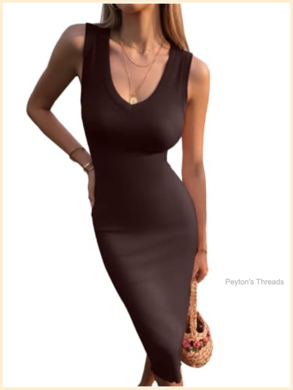 Ribbed Knit Bodycon Midi Dress V Neck Sleeveless Fitted Summer